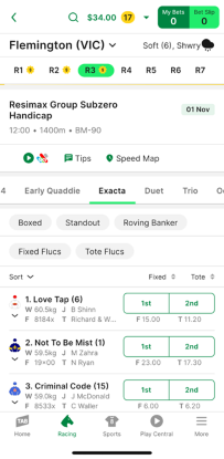 Screenshot of TAB app race page with 'Exacta' selected as the bet type.