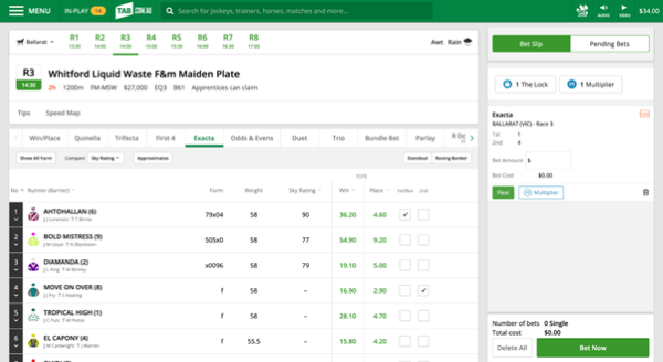 Screenshot of tab.com.au race page with 'Exacta' selected as the bet type and example 'Exacta' selections made.