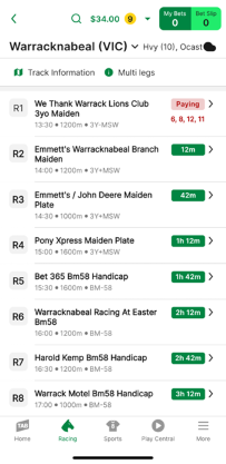 Screenshot of TAB app race meeting page.