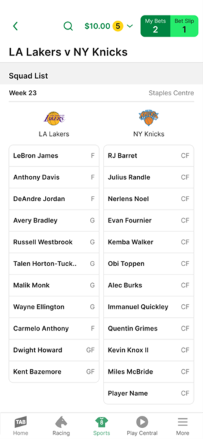 Screenshot of an NBA team squad list on the 'LineUps' page within the NBA stats centre on the TAB app.