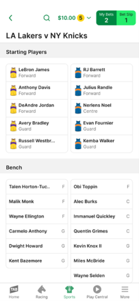 Screenshot of the 'Starting Players' and 'Bench' list on the LineUp page within the NBA Stats Centre on the TAB app.