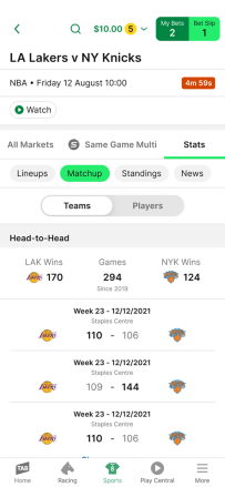 Screenshot of 'Head-to-Head' team stats on the 'Matchups' page within the NBA Stats Centre on the TAB app.