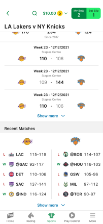 Screenshot of 'Head-to-Head' player stats on the 'Matchups' page within the NBA Stats Centre on the TAB app.