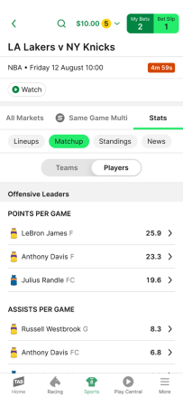 Screenshot of top-three offensive and defensive players for competing teams on the 'Matchups' page within the NBA Stats Centre on the TAB app.