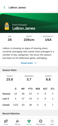Screenshot of a player's bio and current season stats on the 'Player Profile' page within the NBA Stats Centre on the TAB app.