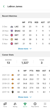 Screenshot of a player's recent game stats and career stats on the 'Player Profile' page within the NBA Stats Centre on the TAB app.