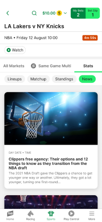Screenshot of the 'News' page within the NBA Stats Centre on the TAB app.