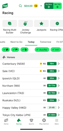 Screenshot of TAB app 'racing' homepage.