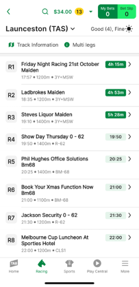 Screenshot of TAB app race meeting page.
