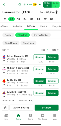 Screenshot of TAB app race meeting page with 'Trifecta' selected as the bet type and the 'Standout' option selected.