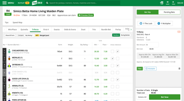 Screenshot of tab.com.au race page with 'Trifecta' selected as the bet type and the 'Standout' option selected.