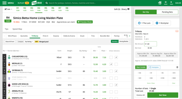 Screenshot of tab.com.au bet slip with example 'Trifecta, Standout' bet.