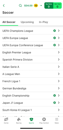Screenshot of TAB app soccer homepage.