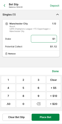 Screenshot of TAB app 'Bet Slip' with example soccer 'Result' bet.