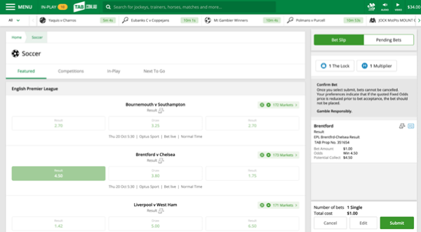 Screenshot of tab.com.au soccer homepage with an example 'Result' bet selection on a featured match.
