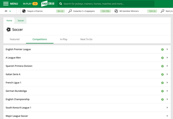 Screenshot of tab.com.au soccer 'Competitions' page.