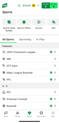 Screenshot of TAB app 'Sports' homepage.