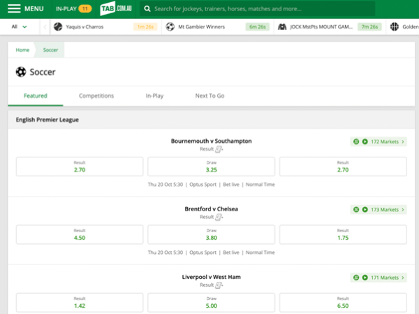 Screenshot of tab.com.au soccer homepage with featured matches displayed.
