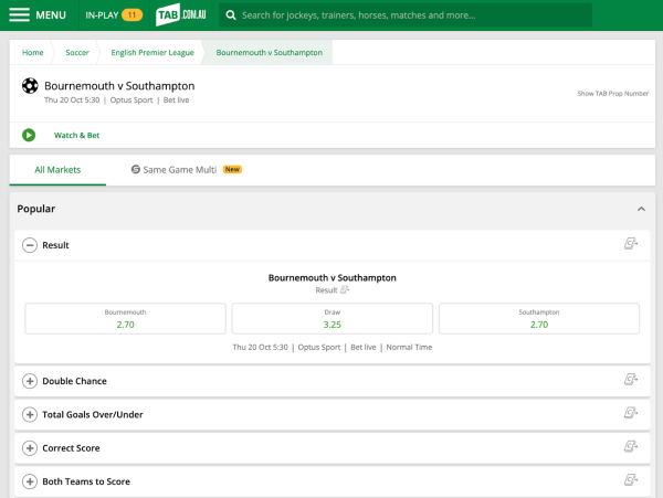 Screenshot of tab.com.au soccer match page.