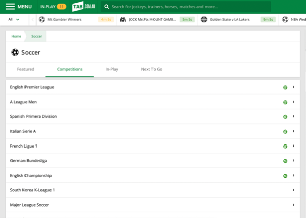 Screenshot of tab.com.au soccer competitions page.