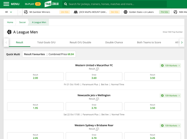 Screenshot of tab.com.au soccer competition page.