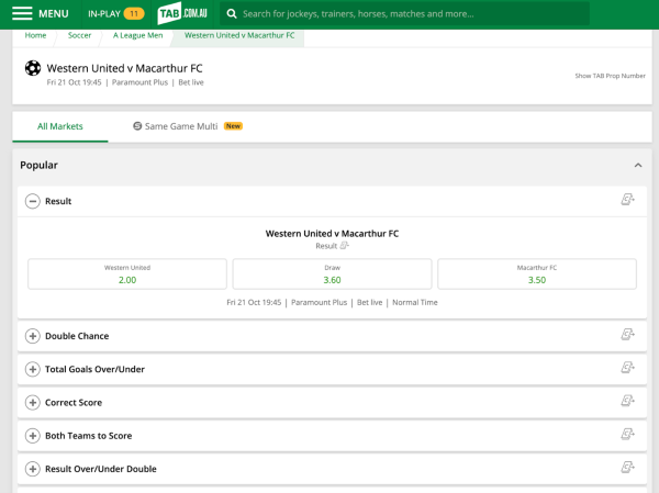 Screenshot of tab.com.au match page.