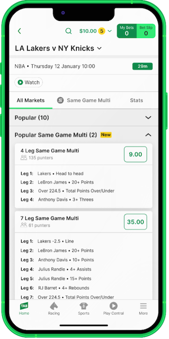 Screenshot of TAB app match page with popular same game multi options available.