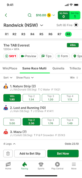 Screenshot of TAB app race page with example Same Race Multi selections.