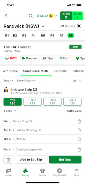 Screenshot of TAB app race card with example Same Race Multi bet and 'Bet Now' and 'Add to Betslip' option.