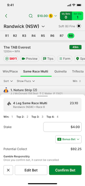 Screenshot of TAB app 'Confirm Bet' screen with example Same Race Multi bet.