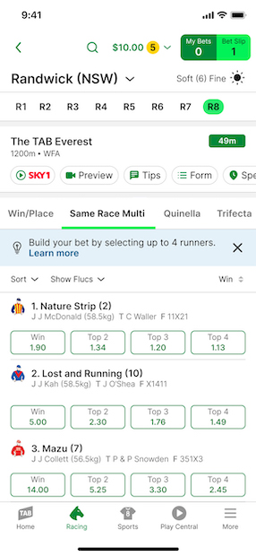Screenshot of TAB app race card with 'Same Race Multi' option shown.