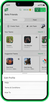 Bets Friends screen in TAB app, 'Edit Profile' is shown in pop-up menu.