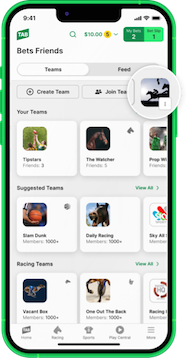 Bets Friends homescreen in TAB app, 'Profile' button is highlighted.