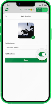 Bets Friends 'Edit Profile' screen in the TAB app.