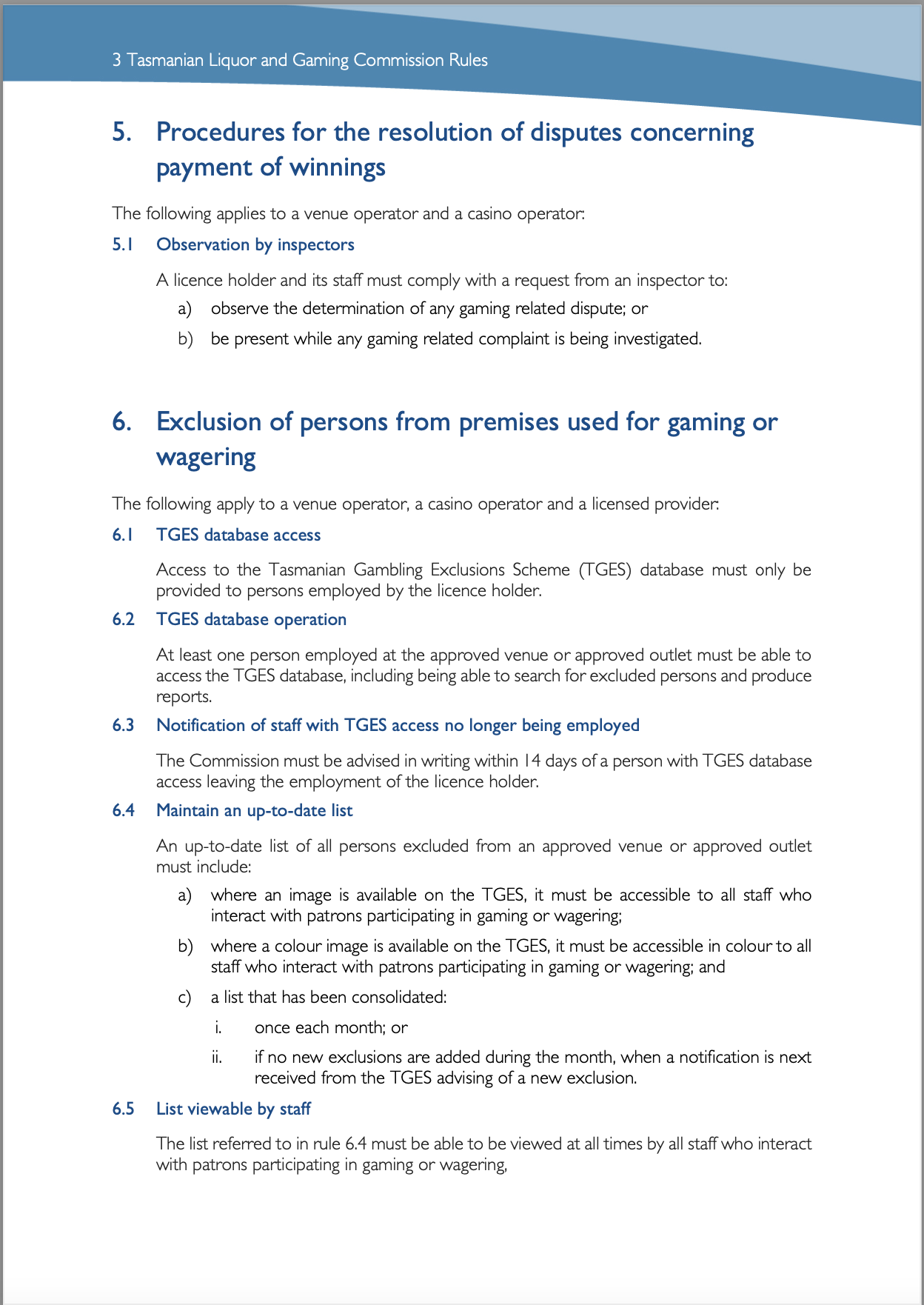 Tasmanian Liquor and Gaming Commission Rules