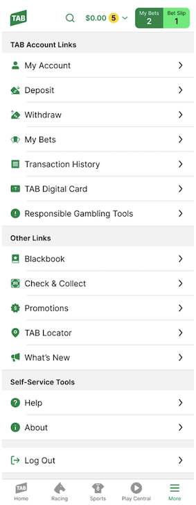 Screenshot of TAB app 'More' page.