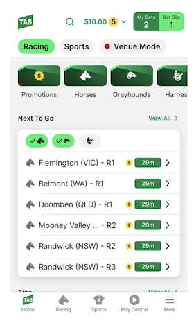 Screenshot of TAB app homescreen, 'More' button is in the bottom-right corner.