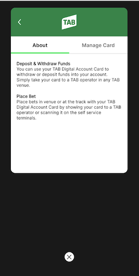 Screenshot of TAB app digital account card information screen with 'Manage Card' option.