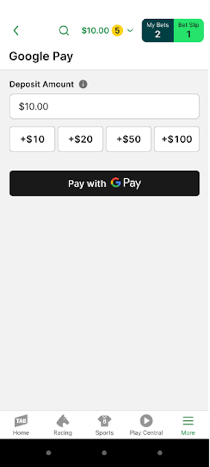 Image of Google Pay screen in TAB app.