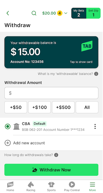 Image of TAB app 'Withdraw' page.