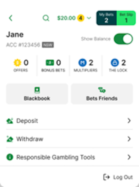Image of expanded TAB app header with 'Withdraw' option shown.