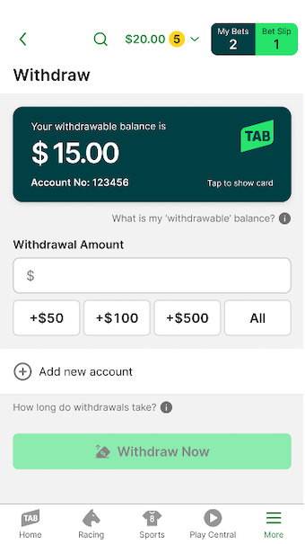 Image of TAB app 'Withdraw' page with 'add new account' option shown.