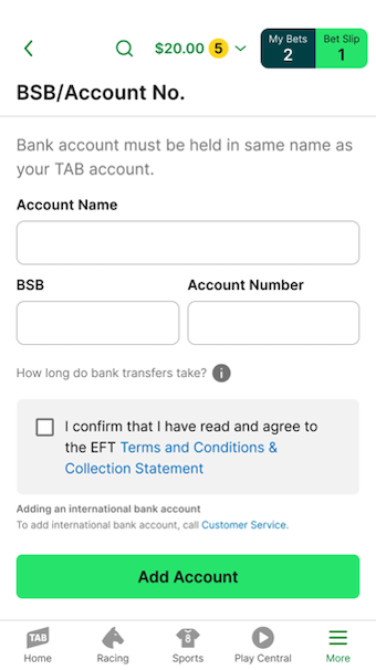 Image of TAB app 'Add bank account' screen.