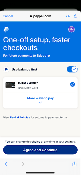 Image of PayPal 'Agree and Continue' screen.