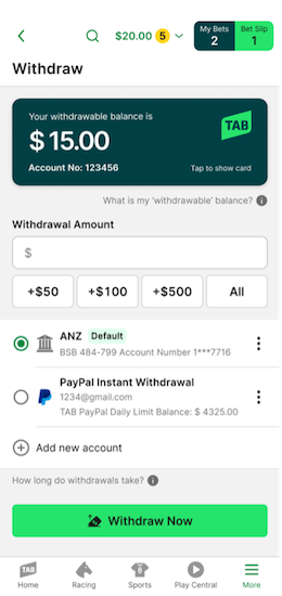 Image of TAB app 'Withdraw' page, 3 dots appear next to bank account registered to account.