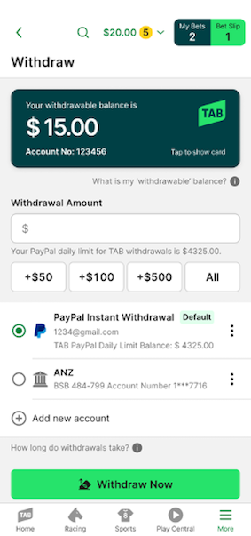 Image of TAB app 'Withdraw' screen. Default account is marked with the word 'Default'.