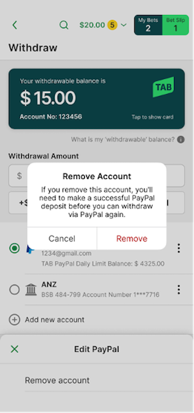 Image of TAB app remove PayPal account confirmation screen.