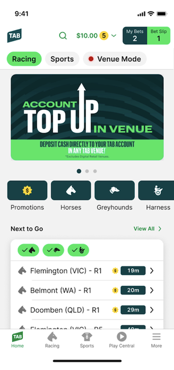 Image of TAB app homescreen, 'More' menu button is located in the bottom-right corners of the screen.