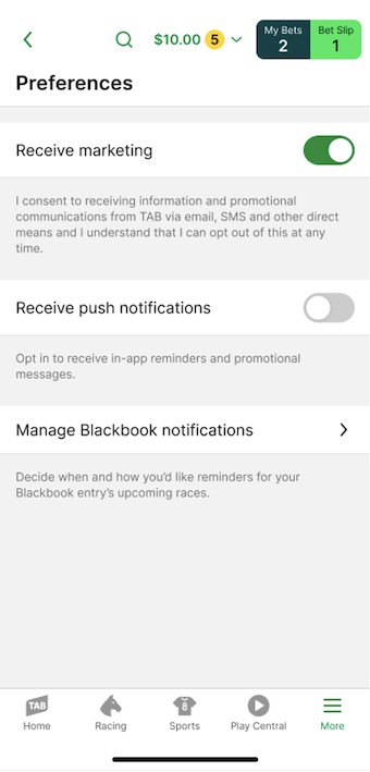 Image of TAB app 'Preferences' page, option to toggle off marketing is shown.