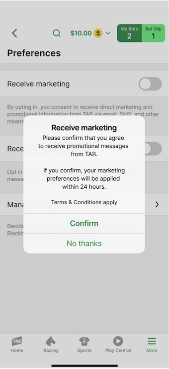 Image of 'Receive marketing' confirmation screen.
